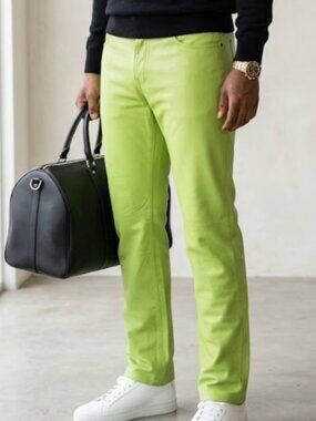 Sp5der Leather Slime Green Straight Pants SZ 36